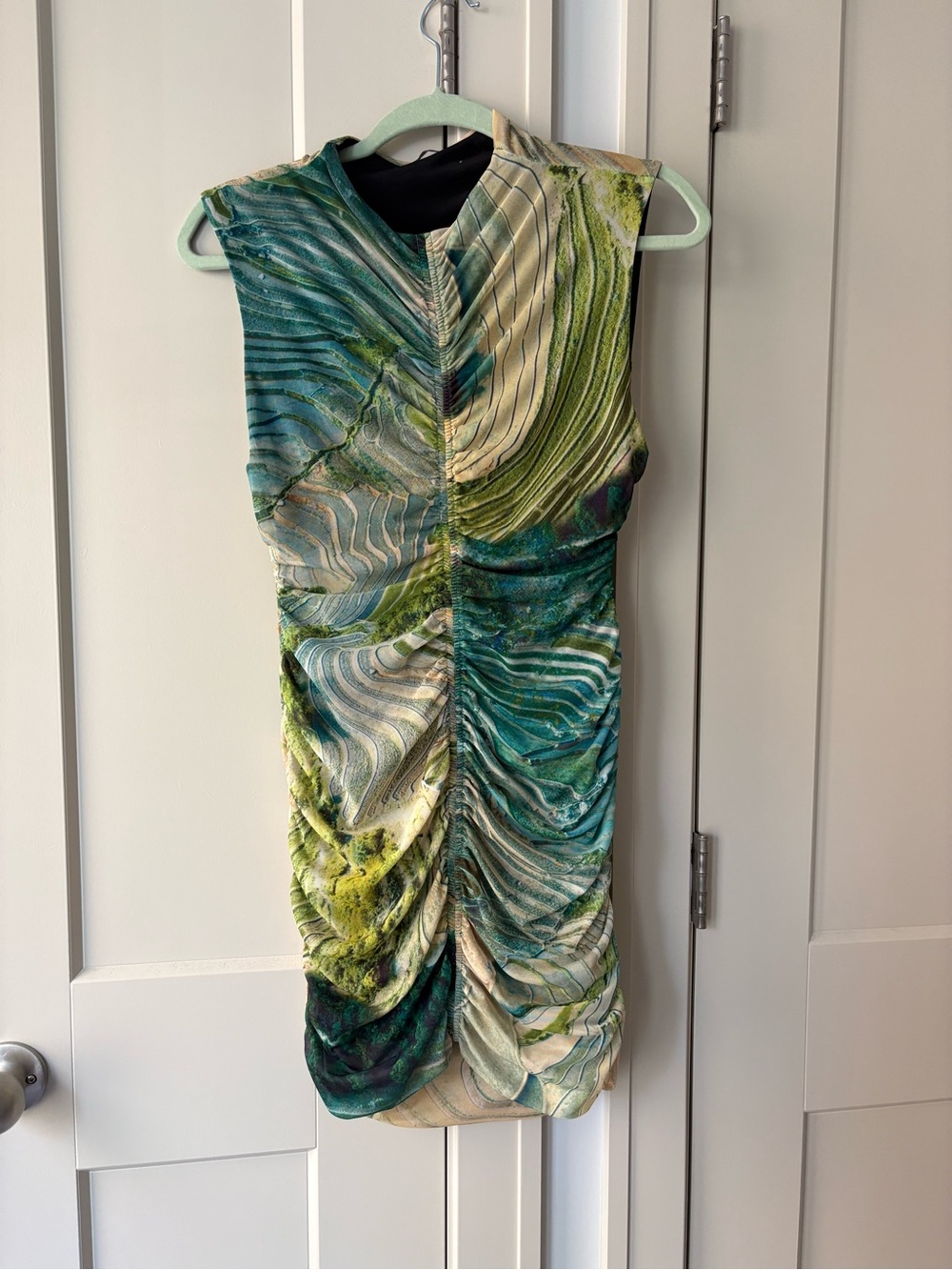 Zara Green Teal and Cream Ruched Mini Dress